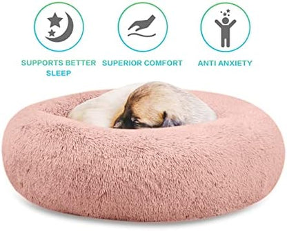 SAVFOX 23 inches Calming Donut Dog Bed - 3X Durable Plush Faux Fur, Machine Washable & Non-Slip, Fits up to 25 lbs, Pink