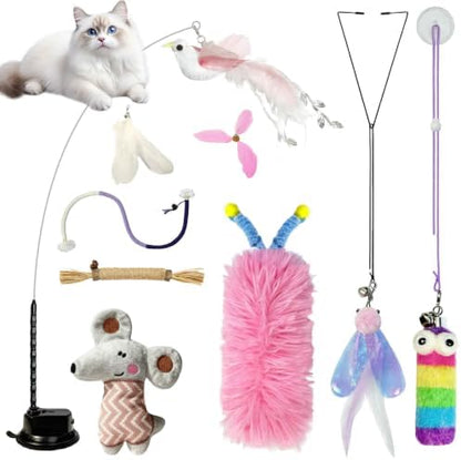 7-in-1 Kitten Toys for Indoor Cats with Washable Adhesive Suction Cup, Hanging Interactive Cat Toys, Silvervine Stick and Sisal Chew Rope Catnip Teething Toy for Bored Kitten (Pink)