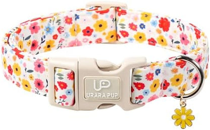 Floral Dog Collar, UP URARA PUP Colorful Floral Adjustable Pet Collar with Flower Charm, Spring Daily Dog Accessories for Small Medium Large Dogs