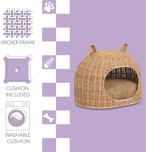 CBD1000B Cat Ear 20" x 14.5" Handwoven Water Hyacinth Pet Bed, Wicker Cat Hideaway Dome with Machine-Washable Cushion, Coastal Woven Pet House for Cats and Small Dogs, Light Brown