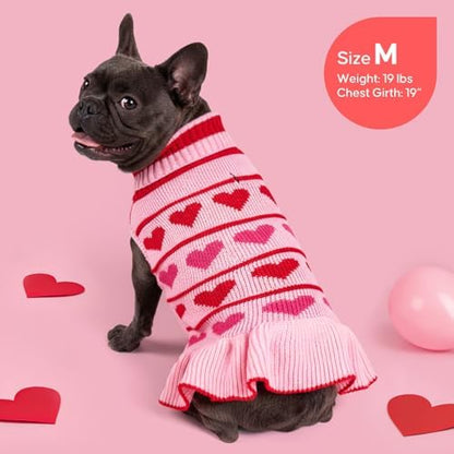 KYEESE Valentines Dog Sweater, Stretchy Small Dogs Sweater, Soft Turtleneck Dog Sweaters for Small Dogs, Warm Pet Sweaters Dress with Heart Print, Comfy Pet Clothes Coat with Leash Hole, XL