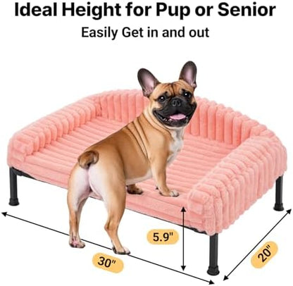 Veehoo Elevated Dog Bed with Bolster Cushion, Fluffy Plush Dog Couch Beds for Small Dogs, Cats, Washable Raised Pet Cot with Non-Slip Feet for Indoor or Patios Use, 30 x 20 Inches, Pink