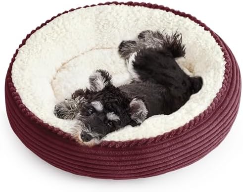 Love's cabin Round Donut Cat and Dog Cushion Bed, 24in Pet Bed for Small or Medium Dogs, Anti-Slip & Water-Resistant Bottom, Soft Durable Fabric Pet Beds, Washable Calming Cat Bed Burgundy Stripe