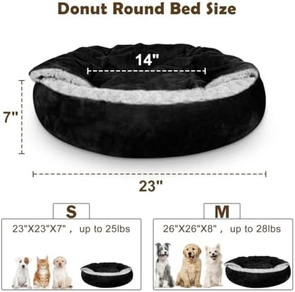 JOEJOY Small Dog Bed Cat Bed with Hooded Blanket, Cozy Cuddler Luxury Puppy Pet Bed, Donut Round Calming Anti-Anxiety Dog Burrow Cave Bed - Anti-Slip Bottom and Machine Washable 23 inch