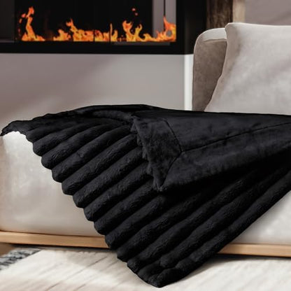 DEZ FURNISHINGS Luxury Reversible Textured Stripe Faux Fur & Velvet Throw Blanket, Twin (66" x 90"), Black