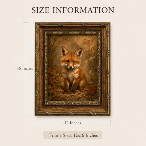 Framed Vintage Style Wall Art Cute Fox in a Rustic Forest Setting Canvas Print Poster Farmhouse style artwork suitable for bedroom or living room 12x16 inches ready to hang or display on a tabletop