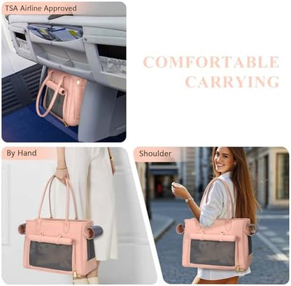 Minsong Fashion Pet Carrier Purse for Small Cat and Dog, Luxury Pu Soft-Sided Tote Bag with Large Pockets for Dogs and Puppies (Pink, 15.8" L x 7.5" W x 11.8" H)
