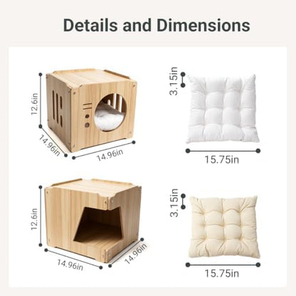 Large 2double-Deck Cat Fort with Mat for Pet Cat Cave for Indoor Cats Cat House for Multi Pet Large Kitten Kitty Cat Bed Wooden Style 15 * 15 * 30 inches(cat shlter 2layer with mat White)