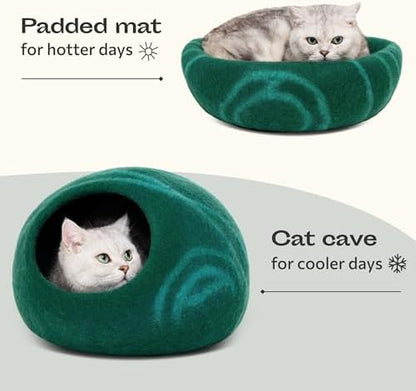 MEOWFIA Cat Cave - Merino Wool Bed for Indoor Cats (Emerald, Medium)