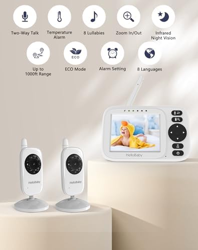 HelloBaby Baby Monitor with 2 Cameras 3.2" Screen, No WiFi, USB Cable