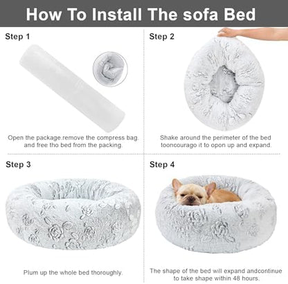 Dog Calming Beds for Small Medium Large Dogs - Round Donut Washable Puppy Dog Bed, Anti-Slip Faux Fur Fluffy Donut Cuddle Anxiety Cat Pet Bed (36" Rose)
