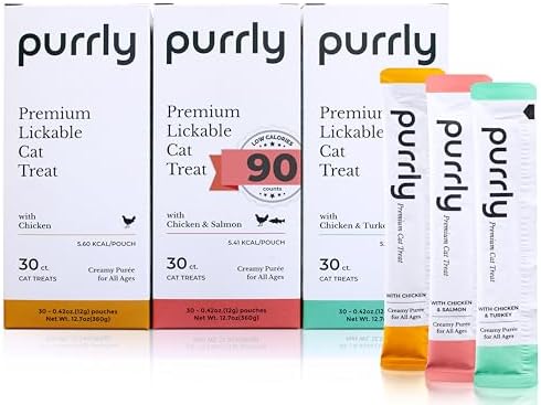 Purrly Low Calorie Premium Lickable Cat Treat Topper Healthy Chicken Variety Bundle (90 Count) Human-Grade Protein with Functional Nutrients Wet Squeeze Creamy Purée Grain-Free Non-GMO Low-Phosphorus