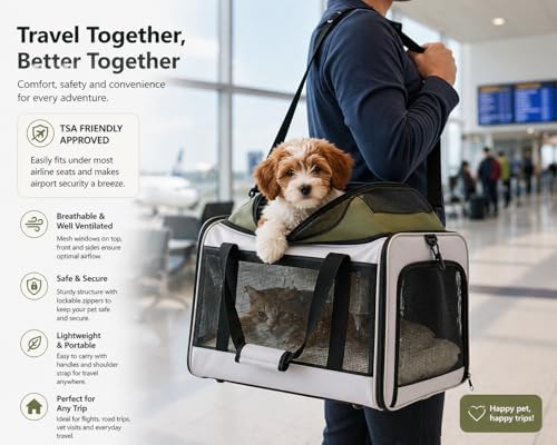 Cat Carrier Dog Carrier Airline Approved, Pet Carrier for 2 Cats Small Medium Dogs, Soft Cat Carrier 18x15x15 with Foldable Bowl & Washable Pad, TSA Approved Dog Carriers by Luniko Shop (Cream)