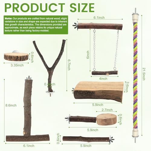 8-Piece Natural Wood Perches, Swing & Rope Set for Bird Cages