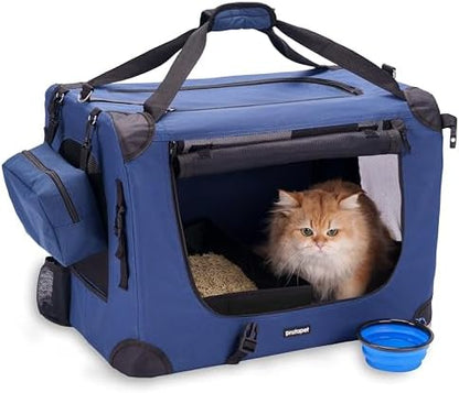 Prutapet Large Cat Carrier 24"x16.5"x16.5" Soft-Sided Portable Pet Crate for Car Traveling with Collapsible Litter Box and Bowl