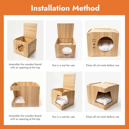 Large Cat Cave for Pet Cat Bed for Indoor Cats Cat House for Multi Pet & Large Kitten Kitty Cat Condo Cube Wooden Style 15 * 15 * 12.5 inches (Square)