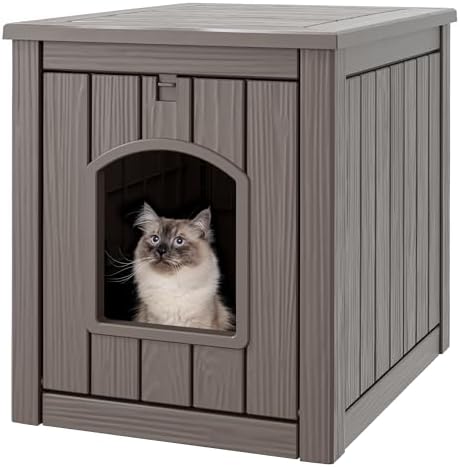 Cat Litter Box Enclosure, Hidden Litter Box with Openable Front Door, Outdoor Cat House Weatherproof, Side Table, Easy to Clean and Assembly, Dark Gray