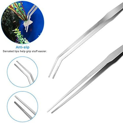 7 in 1 Aquarium Aquascape Tool Kit 15 inch, Aquatic Plant Extra Long Aquascaping Tool for Aquarium Fish Tanks Clean Accessories Set with Silver Tweezer Scissor Spatula, Fish Net, PH Paper, Bag