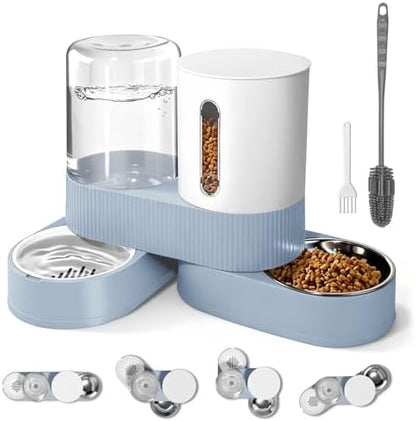 Automatic Gravity Cat Dog Feeder and Water Dispenser with 304 Stainless Steel Bowls 2 in 1 360 Degree Rotatable Auto 2.4L Dry Food and 2.6L Water Bowl for Small Medium Pet Dog Puppy Kitten (Blue)