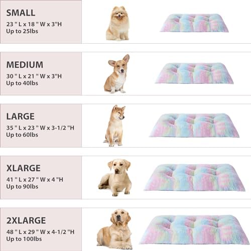 BFPETHOME Dog Beds for Large Dogs, Plush Dog Crate Bed Fluffy Cozy Kennel Pad for Sleeping &Ease Anxiety, Washable Pet Mats with Anti-Slip Bottom for Large Dogs, Rainbow