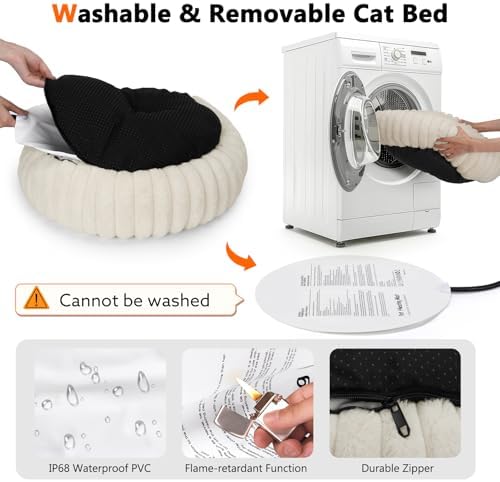 INVENHO Heated Cat Beds for Indoor Cats and Small Dogs, 24" Cozy Donut Heated Pet Bed with Timer & Temp Adjustable, Removable Waterproof Electric Warming Bed for Indoor Cat