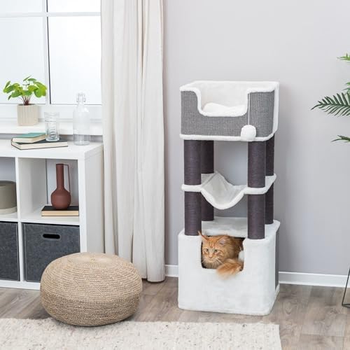 Trixie Lucano 43.3-in XXL Cat Tree, Indoor Cat Furniture with Jute Scratching Posts, Sisal and Plush Covered Condo, Dangling Interactive Toys, Gray
