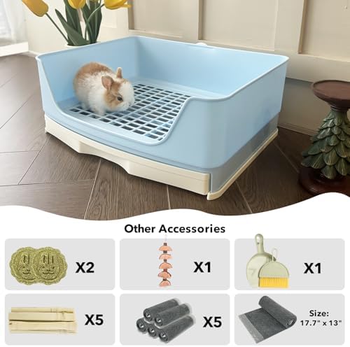 RUBYHOME Oversize Rabbit Litter Box with Drawer, Corner Toilet Box with Grate Potty Trainer, Bigger Pet Pan for Adult Guinea Pigs, Chinchilla, Ferret, Galesaur, Small Animals, 16.9 inch Long (Blue)