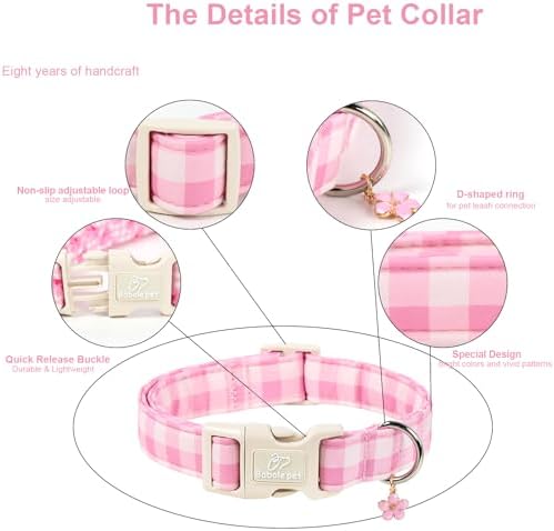 Girl Dog Collar Pink Gingham Dog Collars for Large Dogs - Lightweight Adjustable Spring/Summer Plaid Male Female Dogs Everyday Collar with Safety Buckle L