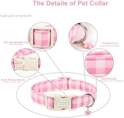 Girl Dog Collar Pink Gingham Dog Collars for Large Dogs - Lightweight Adjustable Spring/Summer Plaid Male Female Dogs Everyday Collar with Safety Buckle L