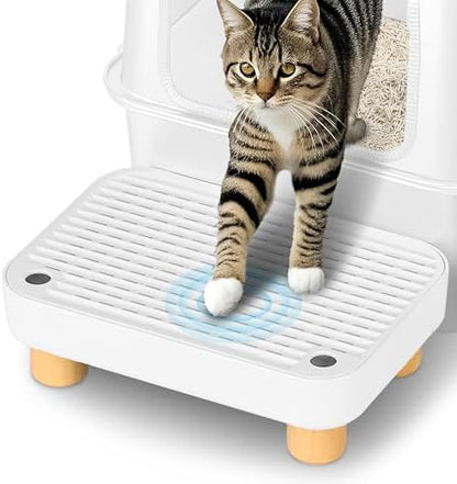 Litter Box Step, Litter Box Ramp/Catcher with Wooden Base, Anti-Tracking & Easy to Clean, Ideal for Small & Elderly Cats 11.8"x7.9"x3.6" (White)