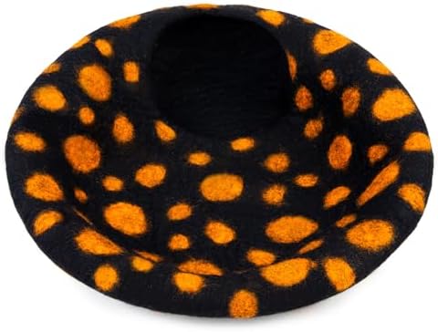 Woolygon Premium Felt Cat Cave Bed – Wool Kitty Beds Handcrafted Kitten Caves Bed for Indoor Cats - Made from Merino Wool, Foldable Cat Hideaway Covered Cat House Pod (Black Polka)