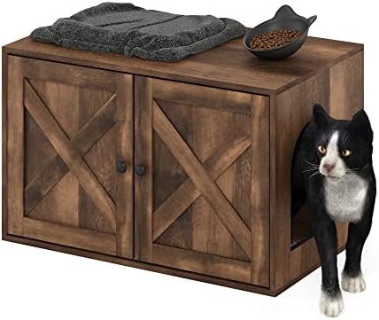 Furinno PELI Cat Litter Box Enclosure, Farmhouse Hidden Litter Box Furniture with Side Entrance, Wooden Pet House with 2 Slatted Doors, Easy Assembly, for Living Room, Rustic Brown