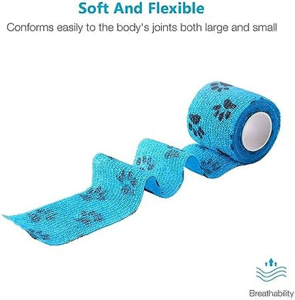 WePet Pet Wrap, Self-Adhesive, Only Sticks to Itself, Non-Woven Tape for Dog Legs, Paws, Wounds, First Aid Cohesive Gauze for Horse, Cat, Bird, Animal, 6 Rolls, 2 Inch, Pawprints A