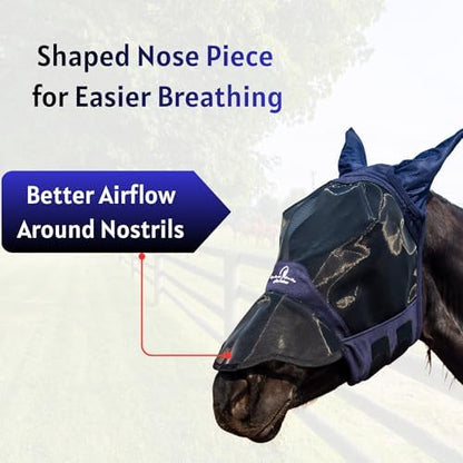 Horse Fly Mask with Ears and Extended Nose, Large Eye Space for Comfort, UV Protective Mesh Horse Mask with Shaped Nose and Upgraded Hook and Loop Fastener (Dark Navy Blue, Cob (Medium))