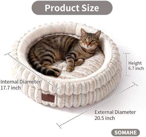 SOMAHE Cat Bed for Indoor Cats, Washable Round Plush, 20x20 Cream