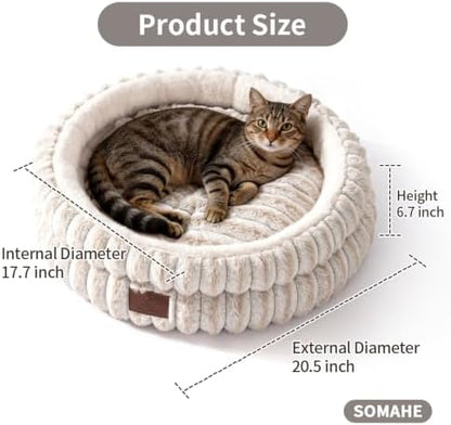 SOMAHE Cat Bed for Indoor Cats, Washable Round Plush, 20x20 Cream