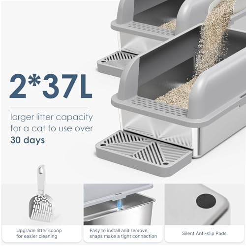 Suzzipaws 2 Pack XL Enclosed Stainless Steel Cat Litter Box for Multi-Cats