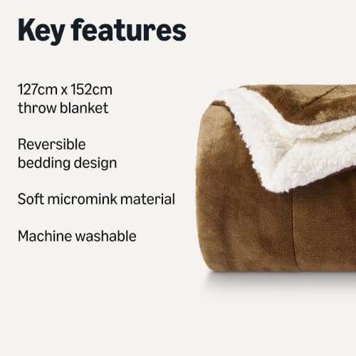 Amazon Basics Reversible Sherpa Throw Blanket, Soft Flannel and Plush, 50"x60", Brown