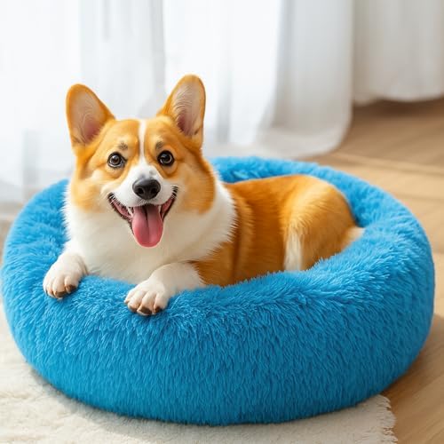 28in Large Dog Bed, Calming Donut Bed for Puppy and Kitten (Light Blue)