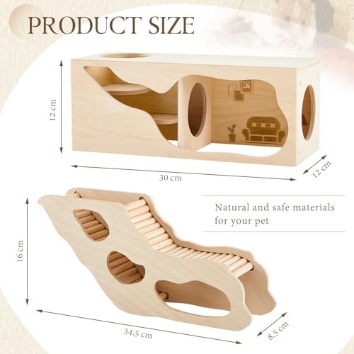 Seenelling 2 Pcs Hamster Hideout Set, Wood Climbing Ladder House and Tunnel