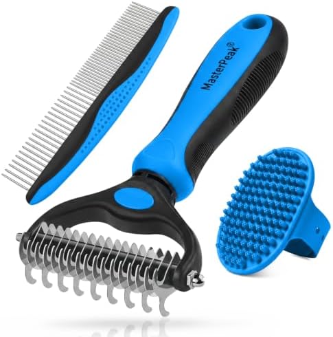 3-in-1 Pet Grooming Kit Rake Metal Comb & Bath Brush Blue