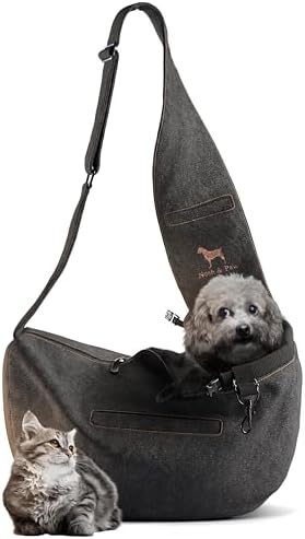Noah & Paw Dog Sling Carrier for Small Dogs 3-10lb, Dog Sling for Small Dogs and Cats, Dog Carrier with Adjustable Padded Strap, Vegan Denim Lined with Fur, 3X Safety Features, Machine Washable