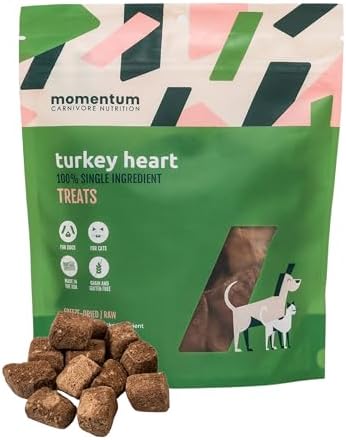 Momentum Carnivore Nutrition Freeze-Dried Turkey Heart Dog Treats & Cat Treats – Single-Ingredient, High-Protein, Grain-Free, Lean & Easily Digestible – Made in USA – 3 oz Bag
