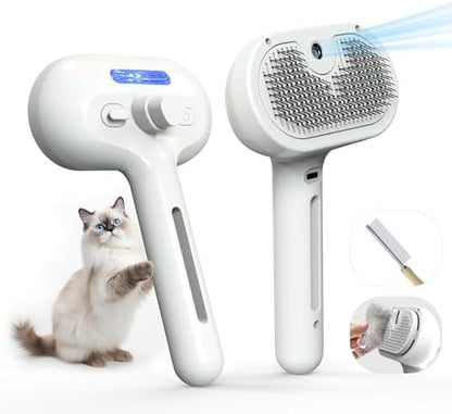 Pet Grooming Brush with Electronic Mist Spray - Gentle Deshedding Tool for Cats & Dogs, Pet Steam Brush，Reduces Shedding, Soft Bristles, Promotes Healthy Coat-Comes with a hair smoothing comb-White