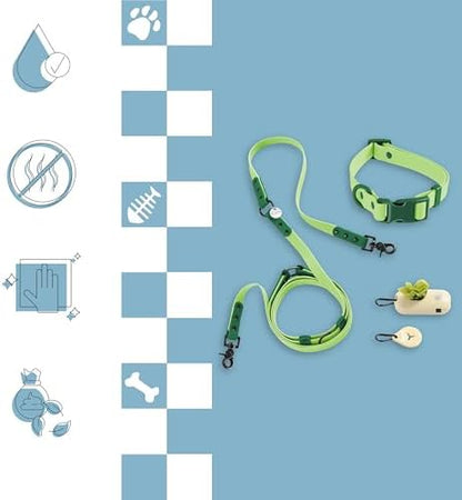 Medium Luna 8FT Adjustable 6-in-1 Waterproof Hands-Free Leash and Collar Set with LED Flashlight, Waste Bag Dispenser, and Poop Bag Holder, Green, Mojito WLK1005B-5SET