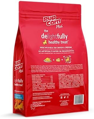 Pup Corn Plus - Puffed Dog Treats with Preiotics and Probiotics - Chicken & Cheddar Cheese, (8oz)