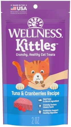 Wellness Kittles Crunchy Cat Treats, All Lifestages, Kitten to Senior, Natural, Grain Free, Tuna and Cranberry Flavor, 2 oz Bag