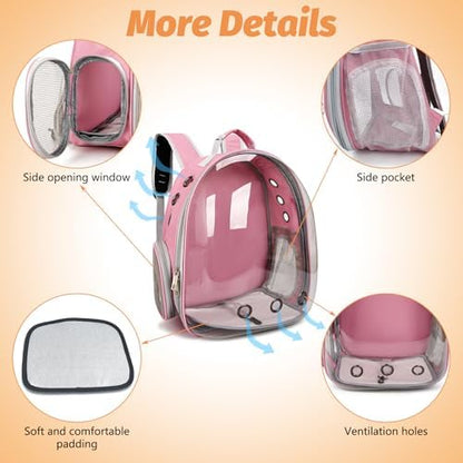 kathson Bearded Dragon Carrier with Harness and Leash Set, Large Reptile Travel Carrier Portable Lizard Backpack Clear Small Animals Carrying Bag for Gecko Hamster Rabbit Hedgehog Kitten (Pink)