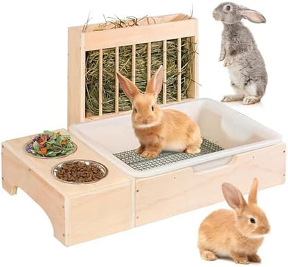 3 in 1 Extra Large Rabbit Hay Feeder with Litter Box, Wooden Bunny Toilet