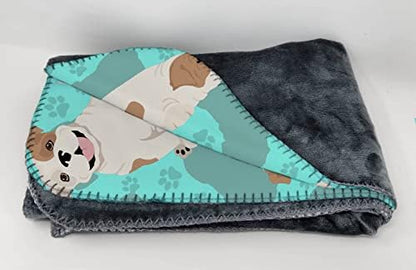 Caroline's Treasures MLM1014TBLT Piebald English Bulldog Soft Travel Blanket with Bag Airplane Blanket, Indoor Outdoor Camping Blanket for Traveling, Picnics, Beach Trips, Concerts